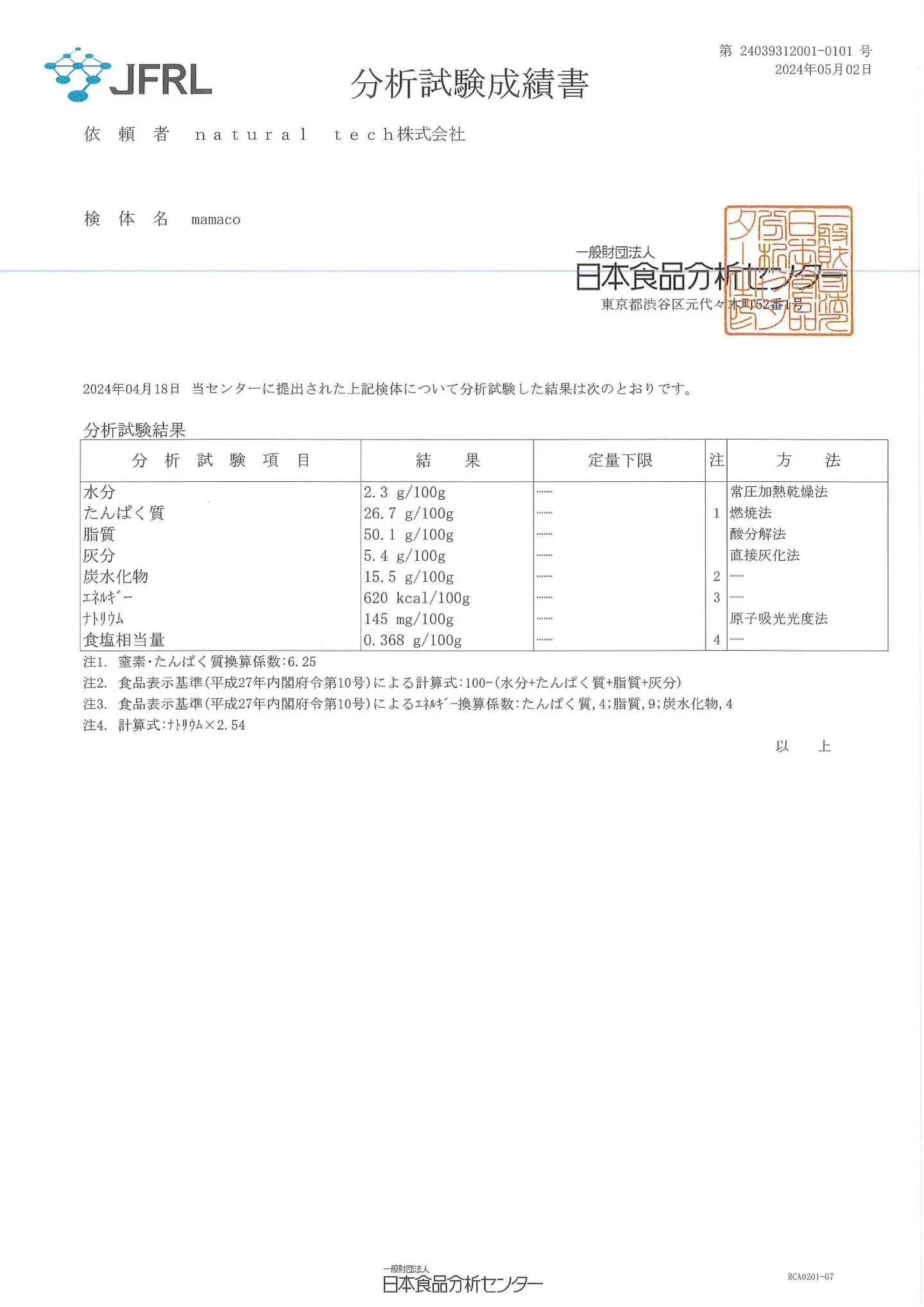 mamaco 食品検査結果書