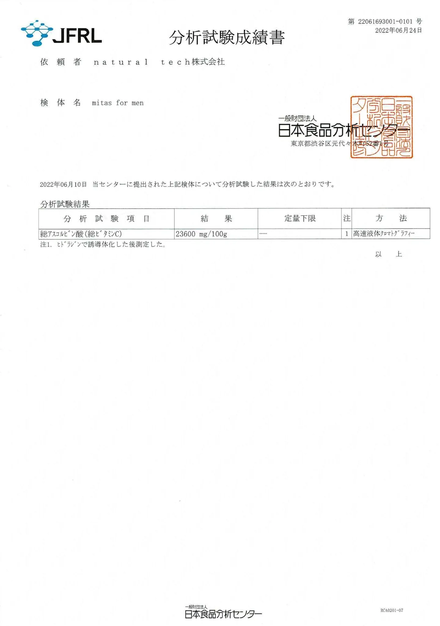 mitas for men 食品検査結果書