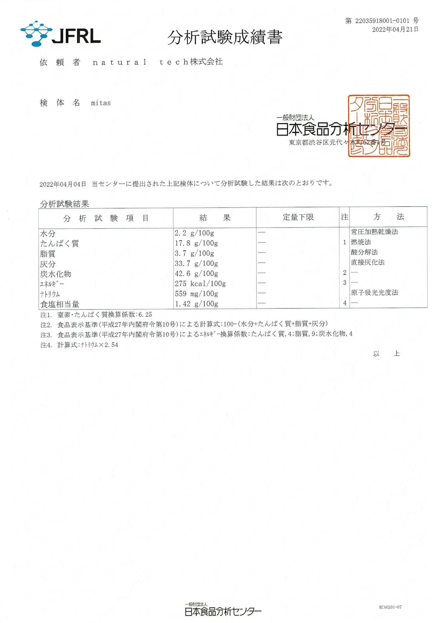 mitas 食品検査結果書