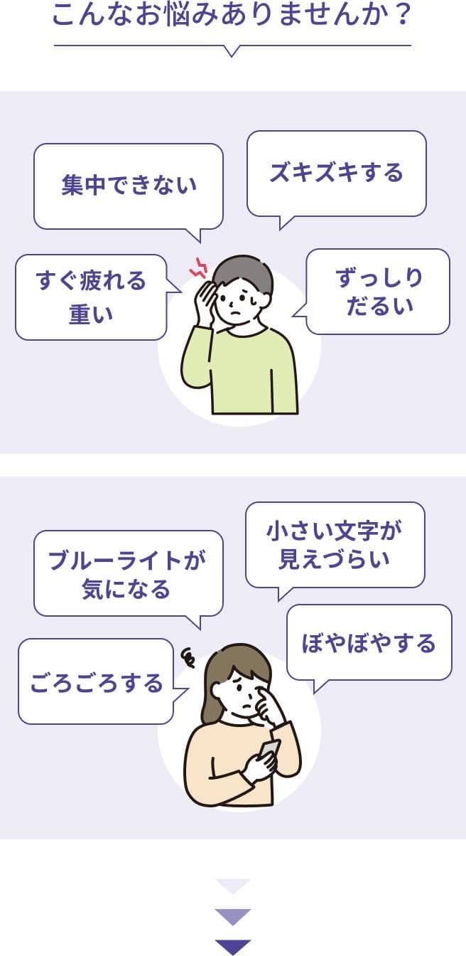 こんなお悩みありませんか？すぐ疲れる。重い。集中できない。ズキズキする。ずっしりだるい。ごろごろする。ブルーライトが気になる。小さい文字が見えづらい。ぼやぼやする。